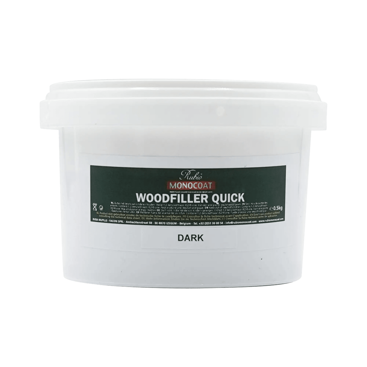 White bucket of Rubio Monocoat Woodfiller Quick Dark (0,5 kg).