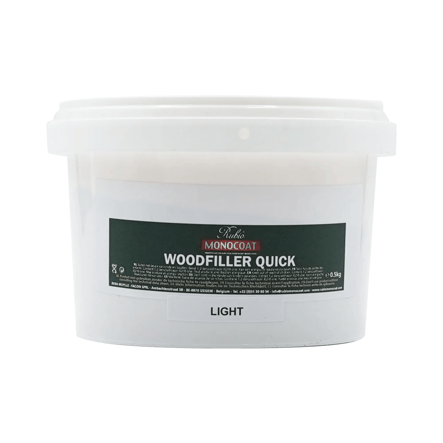 White container of Rubio Monocoat Woodfiller Quick Light (0,5 kg).