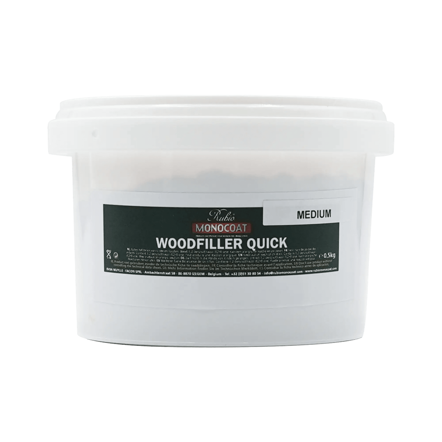 White container of Rubio Monocoat Woodfiller Quick Medium (0,5 kg).