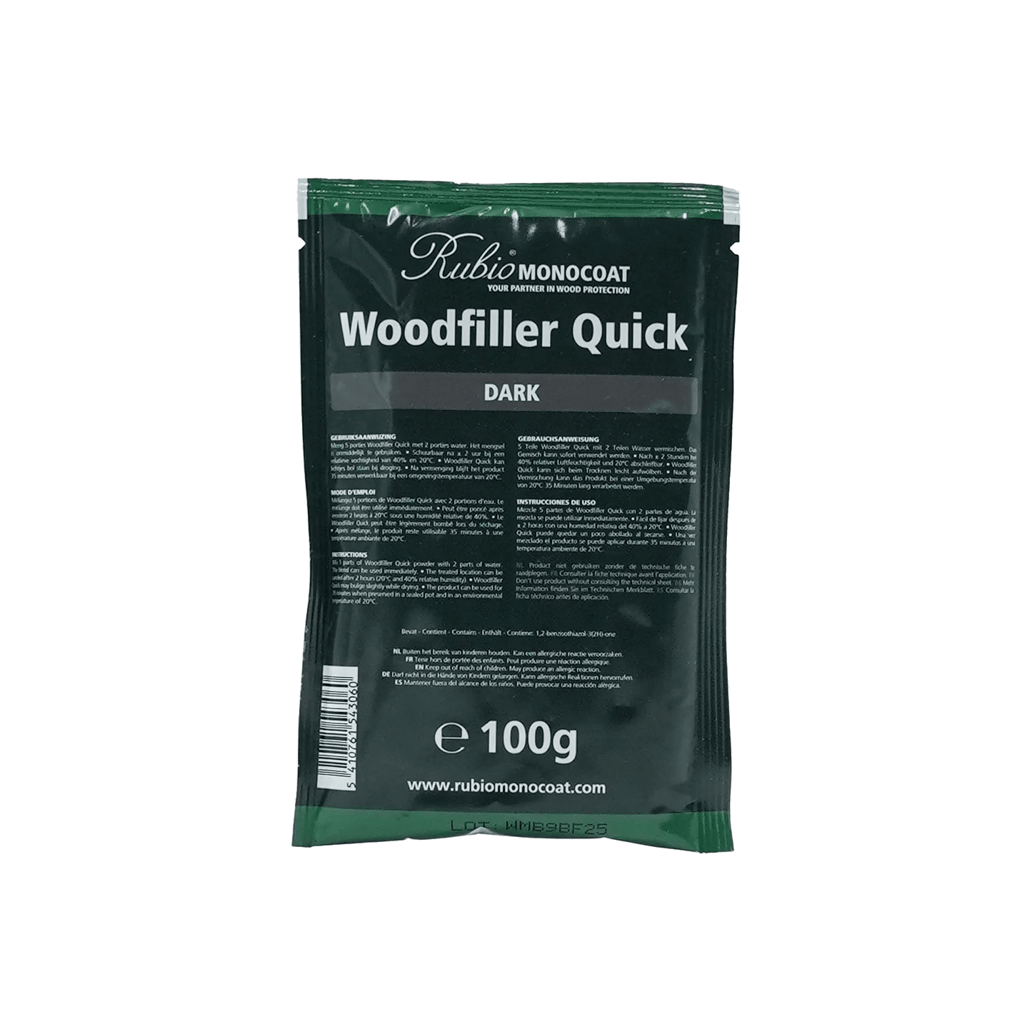 Packaging of Rubio Monocoat Woodfiller Quick Dark (100g).