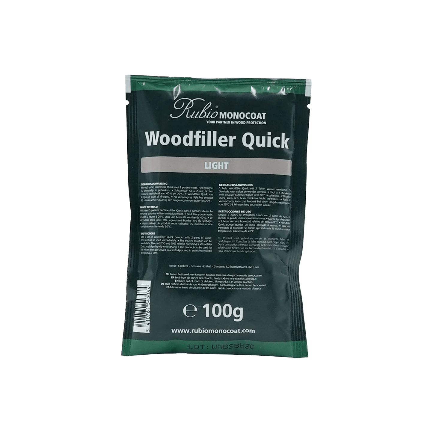 Packaging of Rubio Monocoat Woodfiller Quick Light (100g).