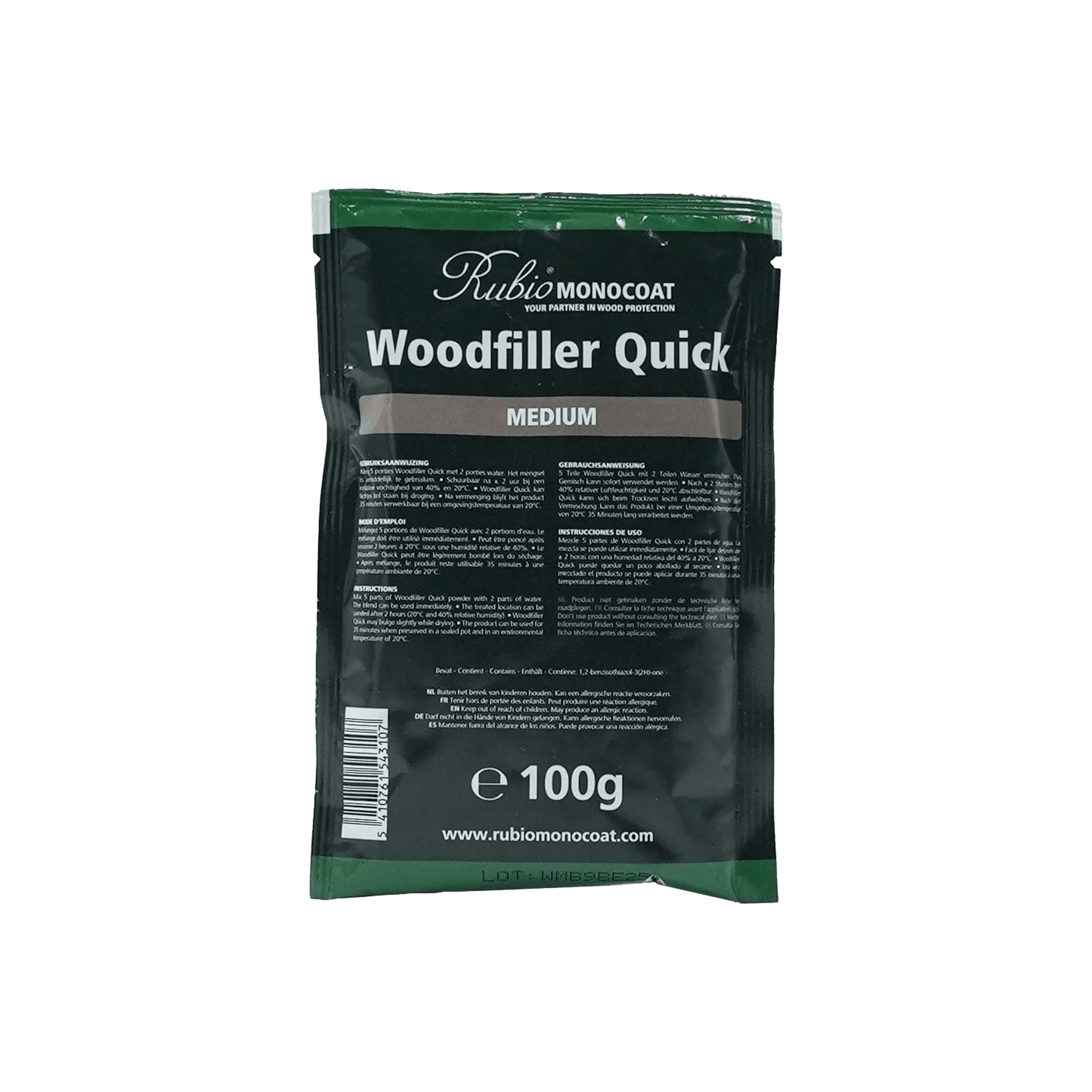 Packaging of Rubio Monocoat Woodfiller Quick Medium (100g).